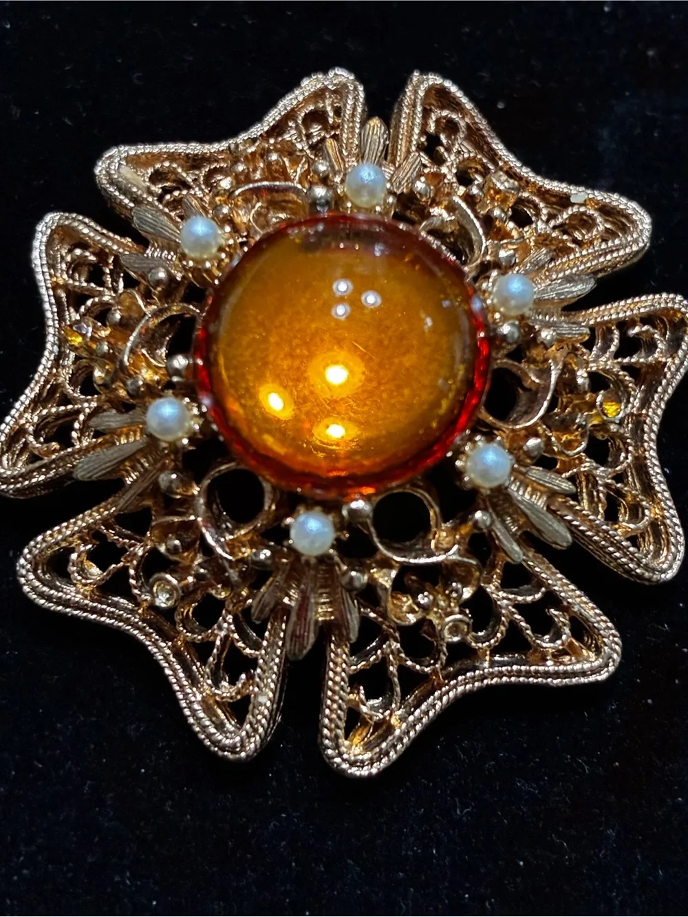 Vibtage EUC Gold Tone Byzantine Filigree Brooch with Amber Cabochon